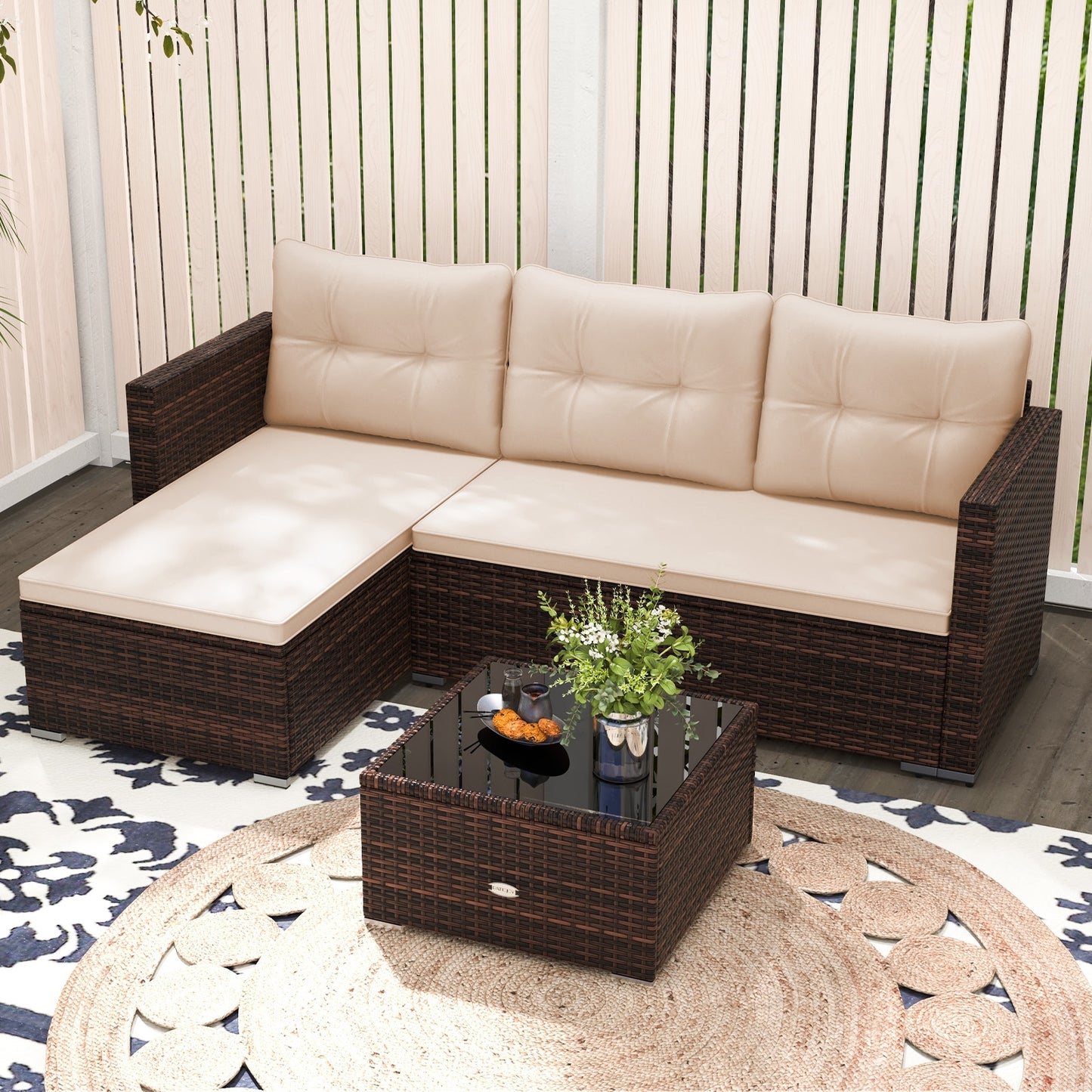 2-Piece Outdoor Wicker Furniture Set with Tempered Glass Coffee Table and Soft Cushions, Beige Outdoor Sectionals at Gallery Canada