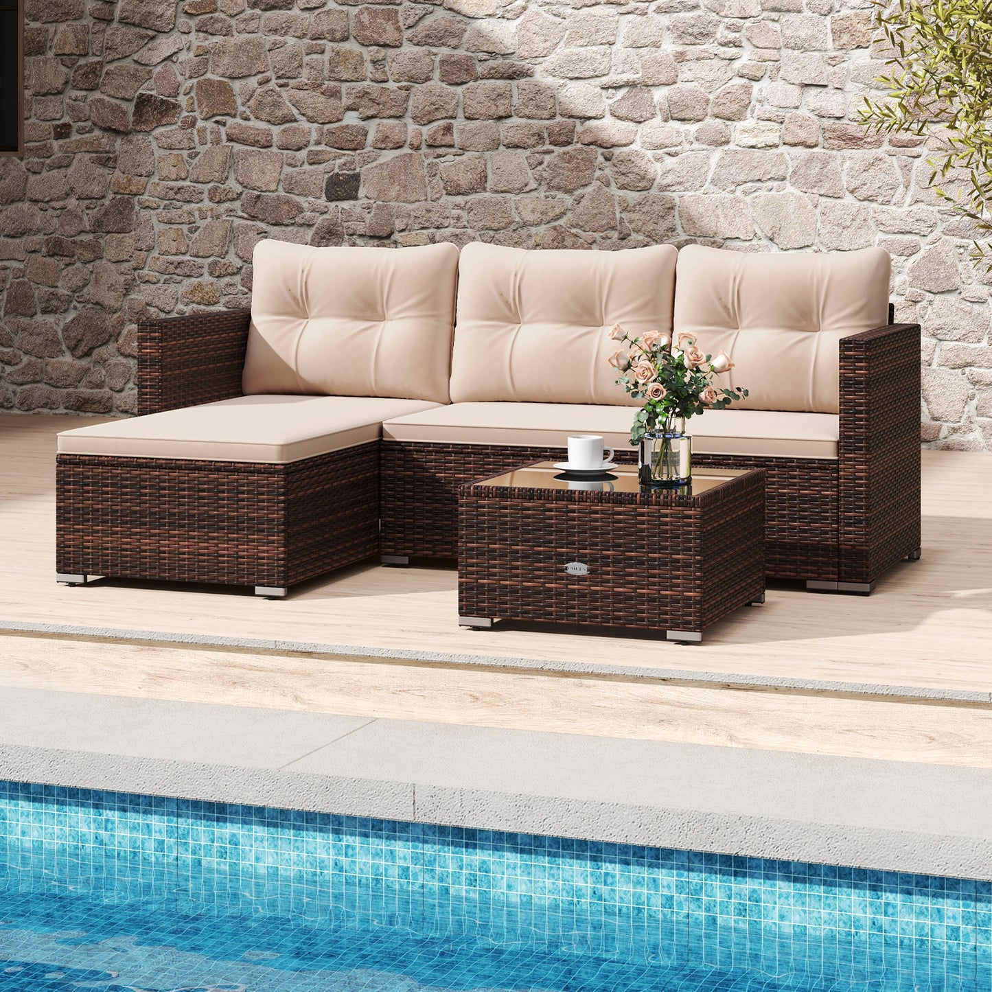 2-Piece Outdoor Wicker Furniture Set with Tempered Glass Coffee Table and Soft Cushions, Beige Outdoor Sectionals at Gallery Canada