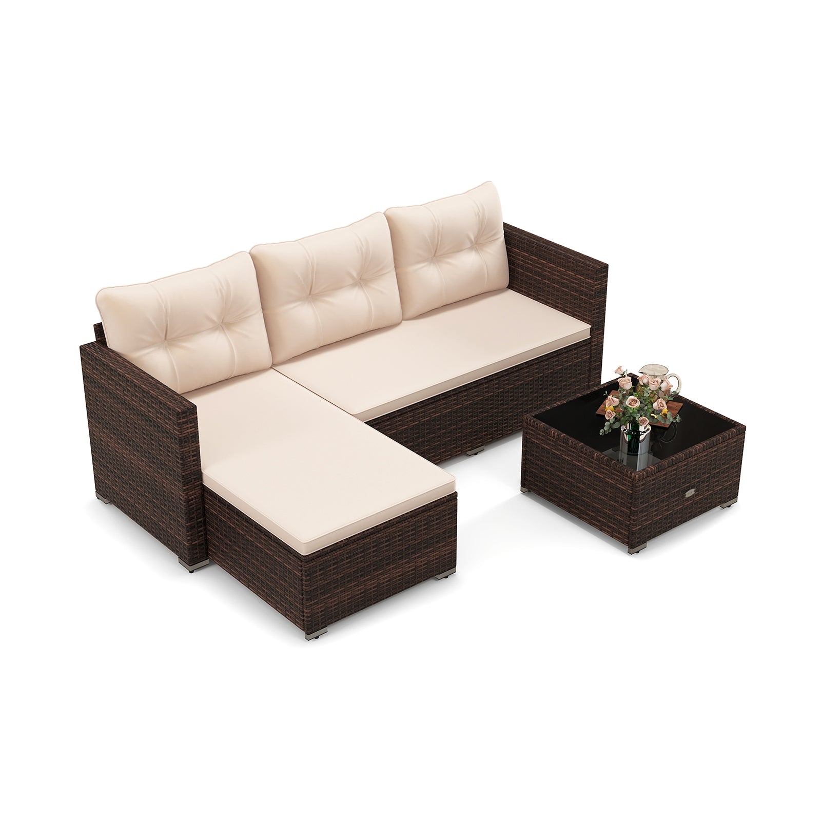 2-Piece Outdoor Wicker Furniture Set with Tempered Glass Coffee Table and Soft Cushions, Beige Outdoor Sectionals Beige at Gallery Canada