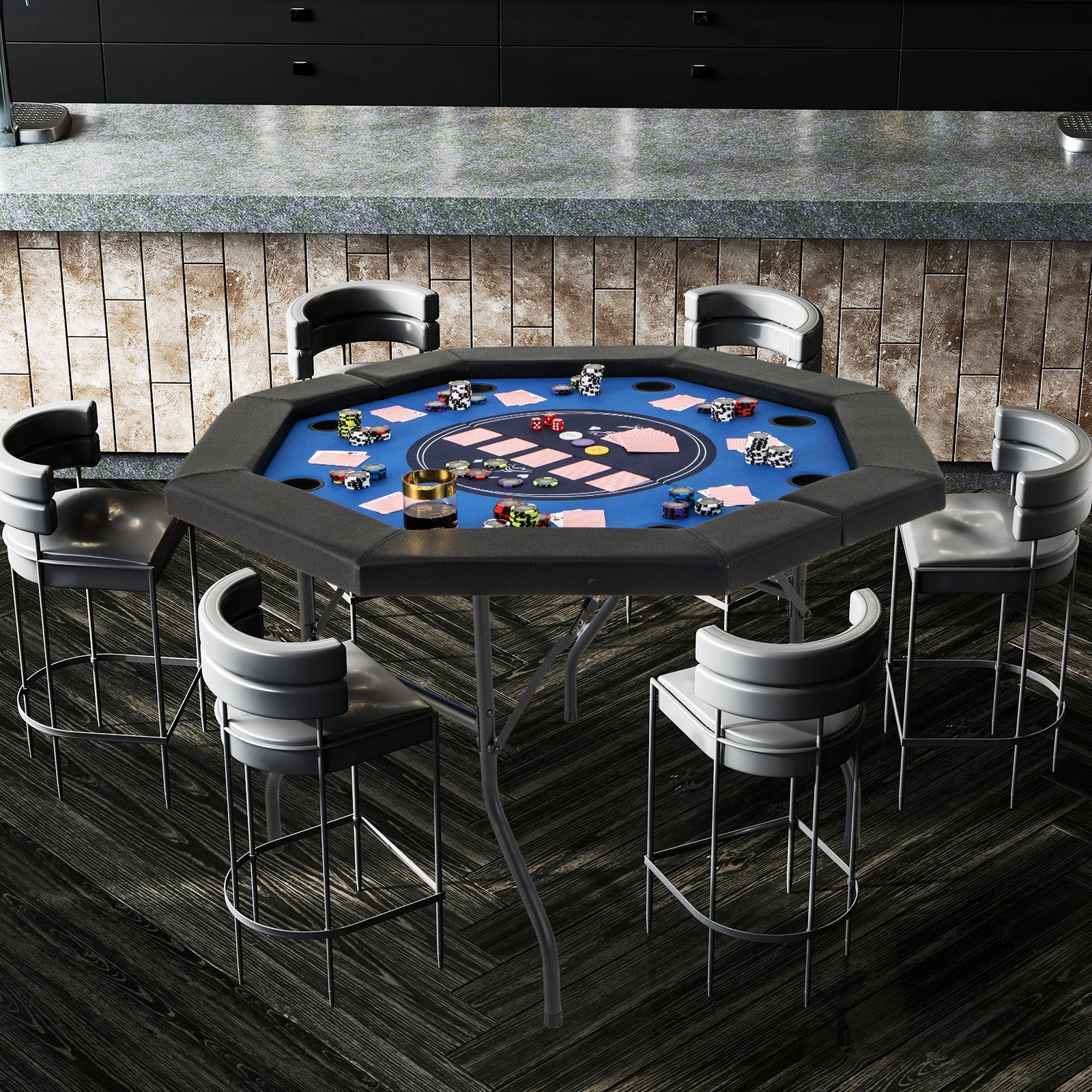 48 Inches Foldable Poker Table with Padded Rails and Cup Holders, Blue Game Room at Gallery Canada