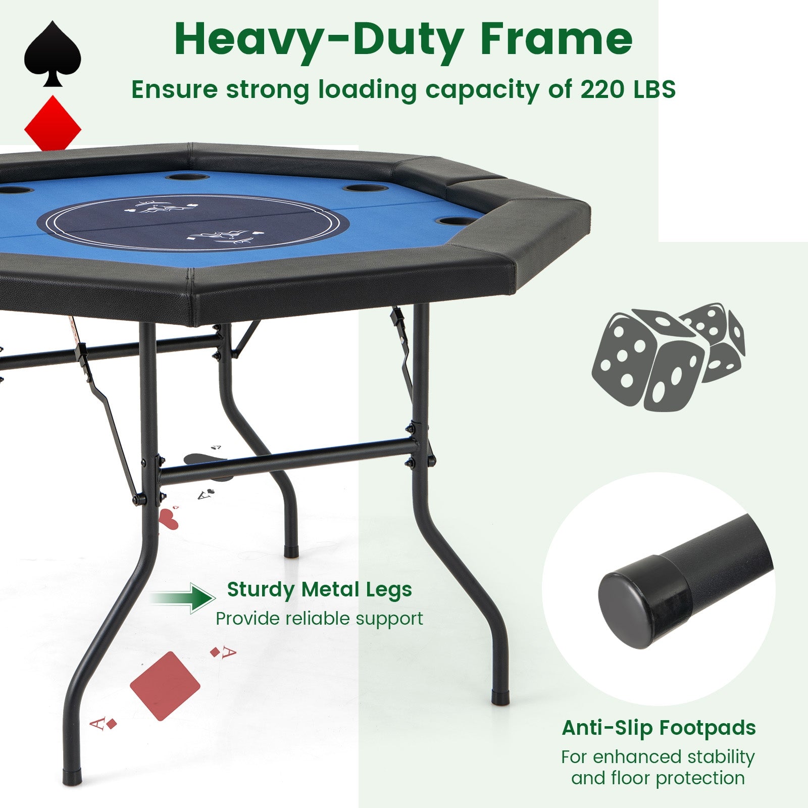 48 Inches Foldable Poker Table with Padded Rails and Cup Holders, Blue Game Room at Gallery Canada