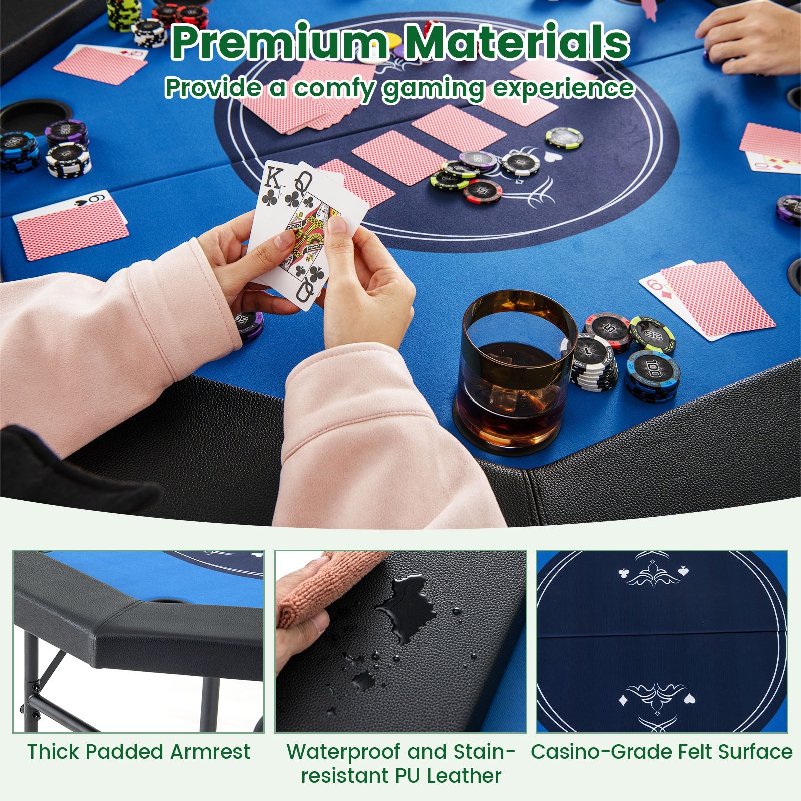 48 Inches Foldable Poker Table with Padded Rails and Cup Holders, Blue Game Room at Gallery Canada