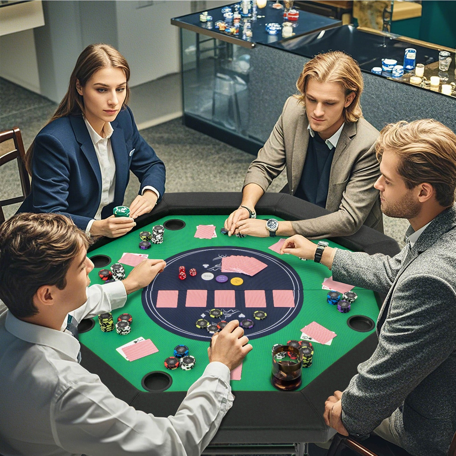 48 Inches Foldable Poker Table with Padded Rails and Cup Holders, Green Game Room at Gallery Canada