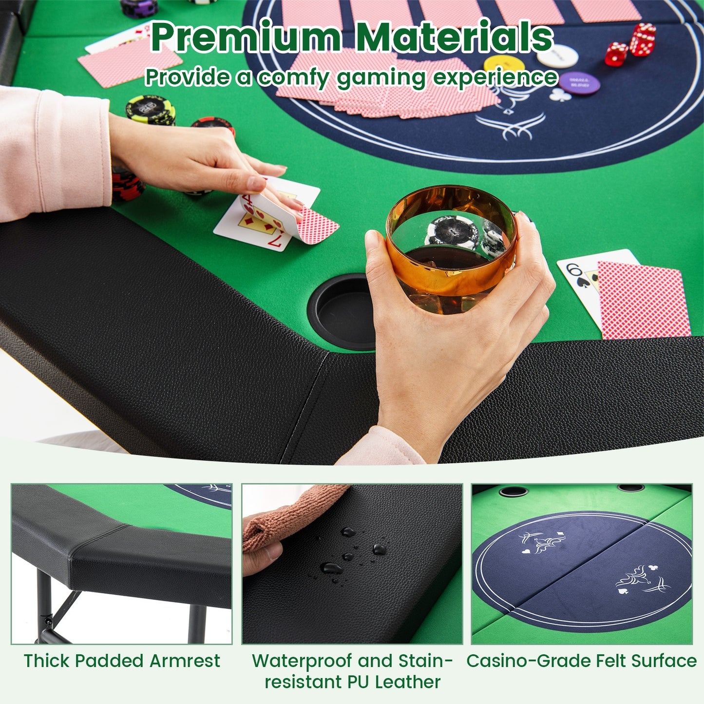 48 Inches Foldable Poker Table with Padded Rails and Cup Holders, Green Game Room at Gallery Canada