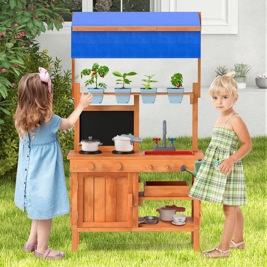 Wooden Pretend Play Kitchen with Height Adjustable Canopy for Kids, Natural Play Kitchen Sets Natural at Gallery Canada