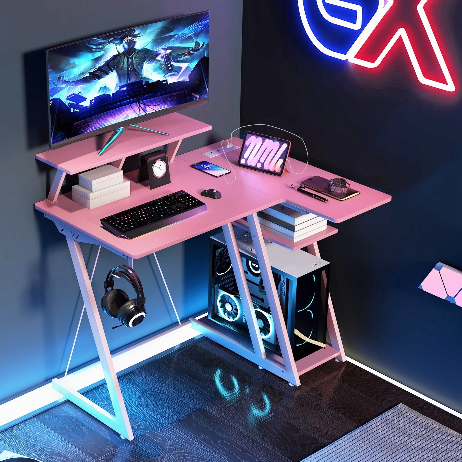 L Shaped Gaming Desk with Outlets and USB Ports, Pink Computer Desks   at Gallery Canada