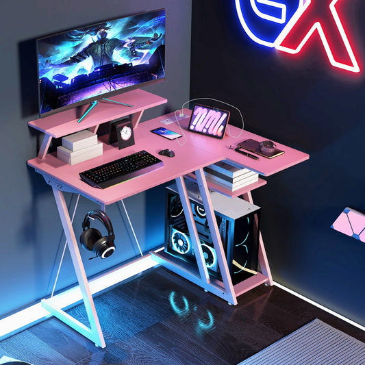 L Shaped Gaming Desk with Outlets and USB Ports, Pink Computer Desks Pink  at Gallery Canada