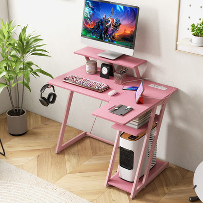 L Shaped Gaming Desk with Outlets and USB Ports, Pink Computer Desks   at Gallery Canada