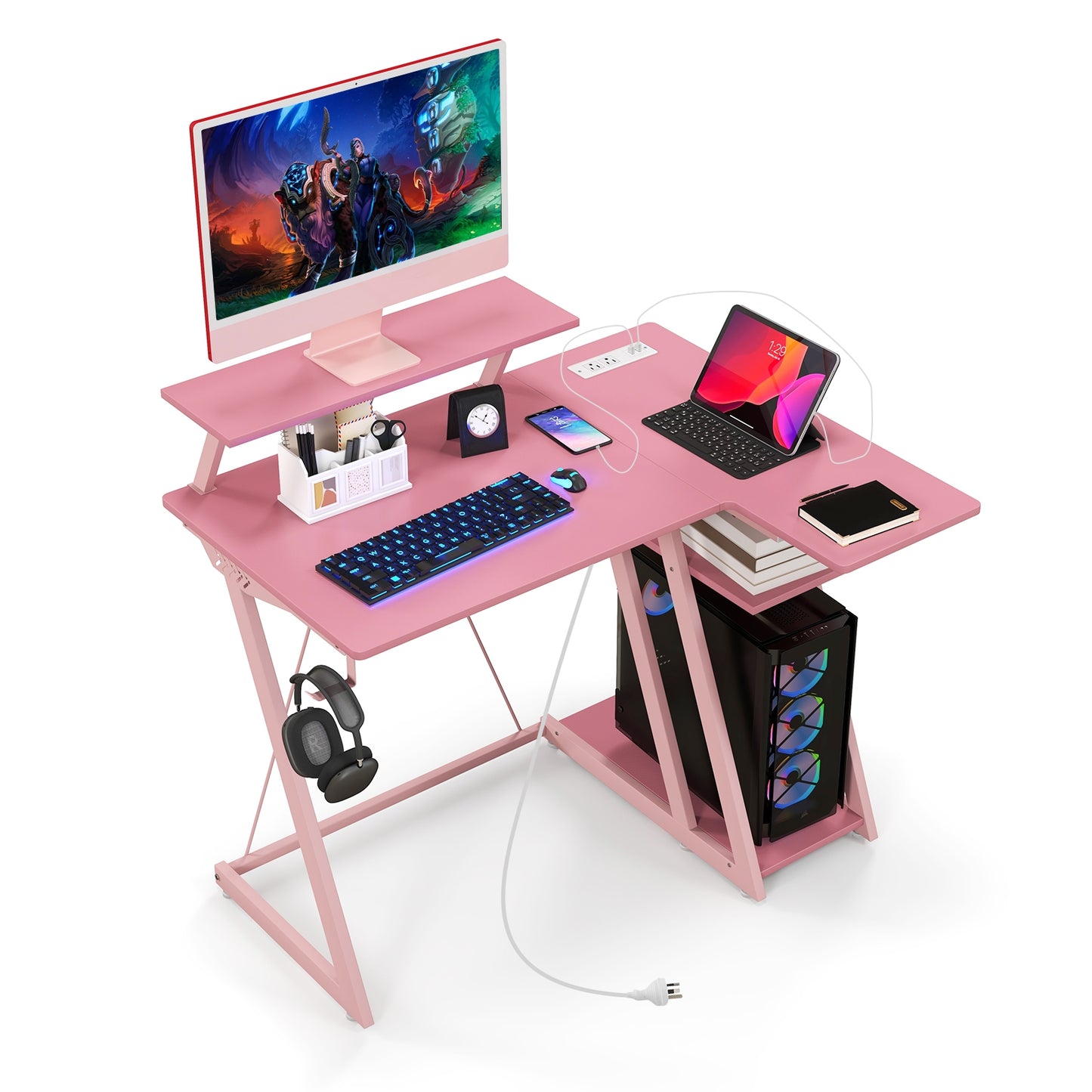 L Shaped Gaming Desk with Outlets and USB Ports, Pink Computer Desks Pink  at Gallery Canada