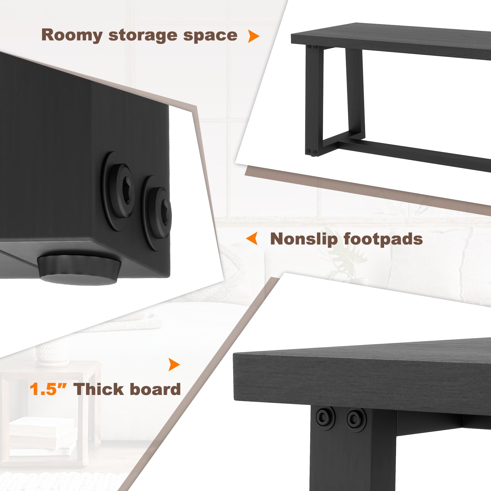 Wood Dining Bench with Metal Frame and Adjustable Footpads, Black Shoe Racks & Storage Benches at Gallery Canada