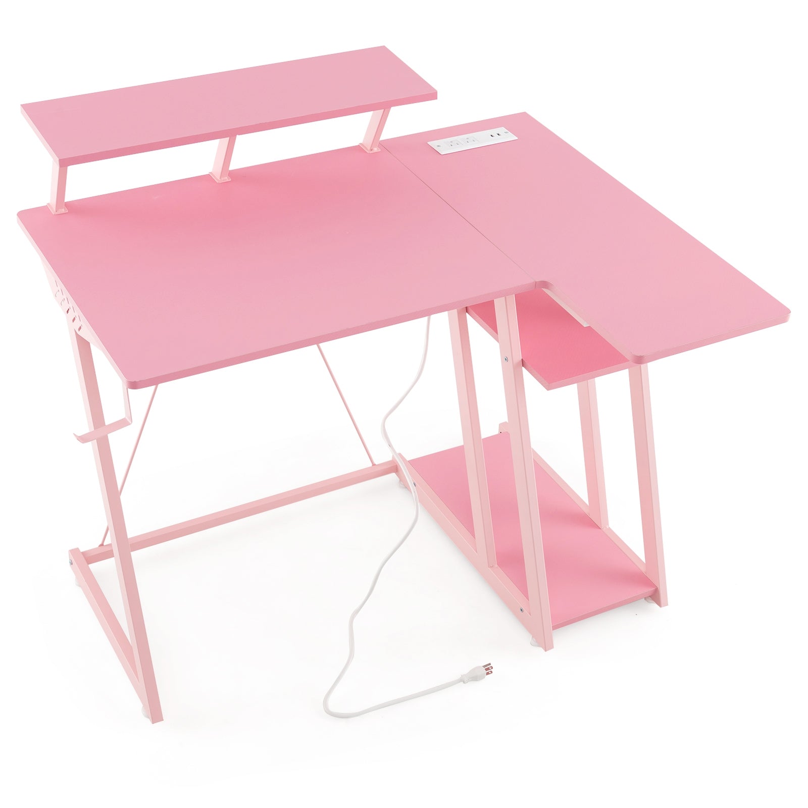 L Shaped Gaming Desk with Outlets and USB Ports, Pink Computer Desks   at Gallery Canada