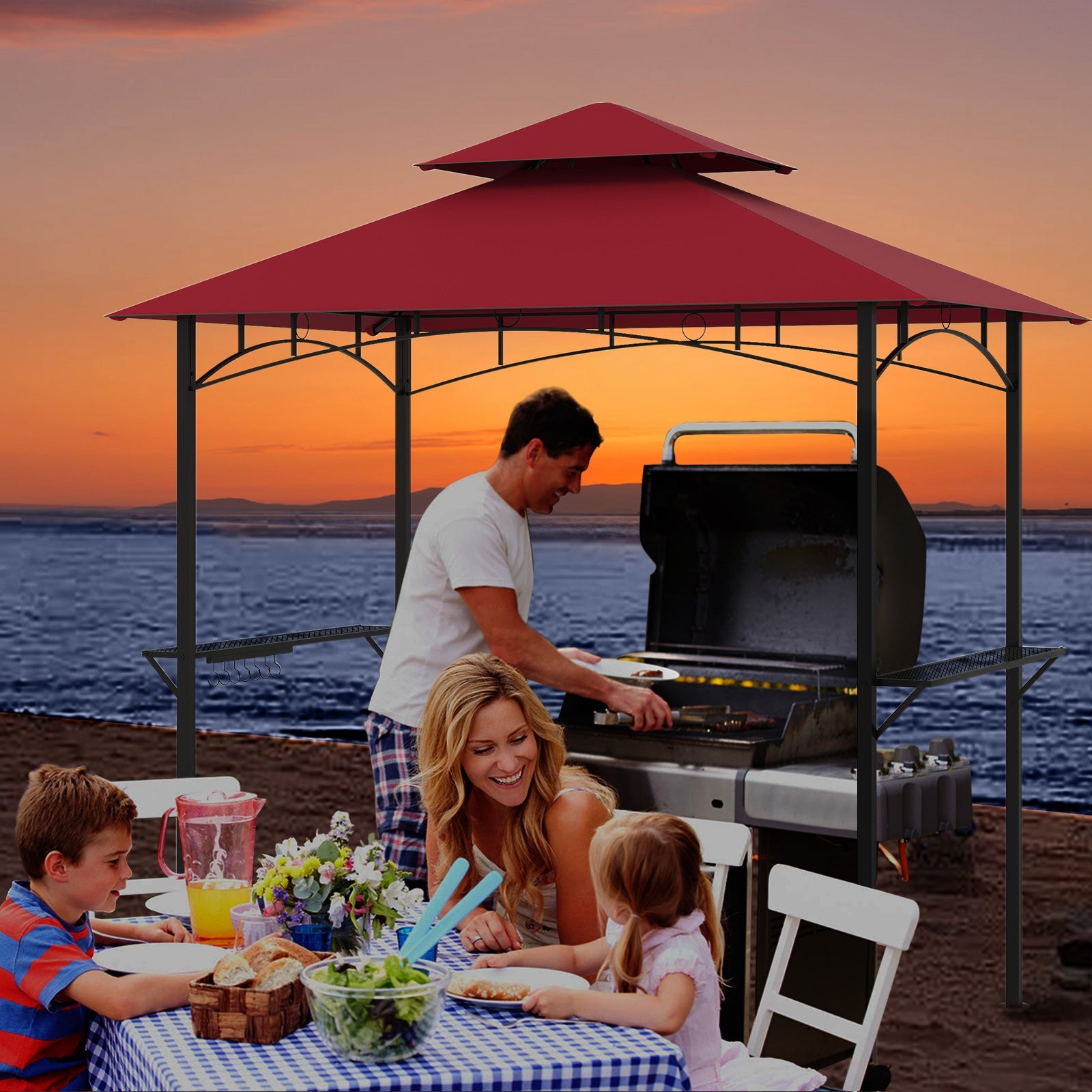 Outdoor Double-Tiered Grill Gazebo Canopy with 2 Shelves and 7 Hooks, Red Gazebos at Gallery Canada