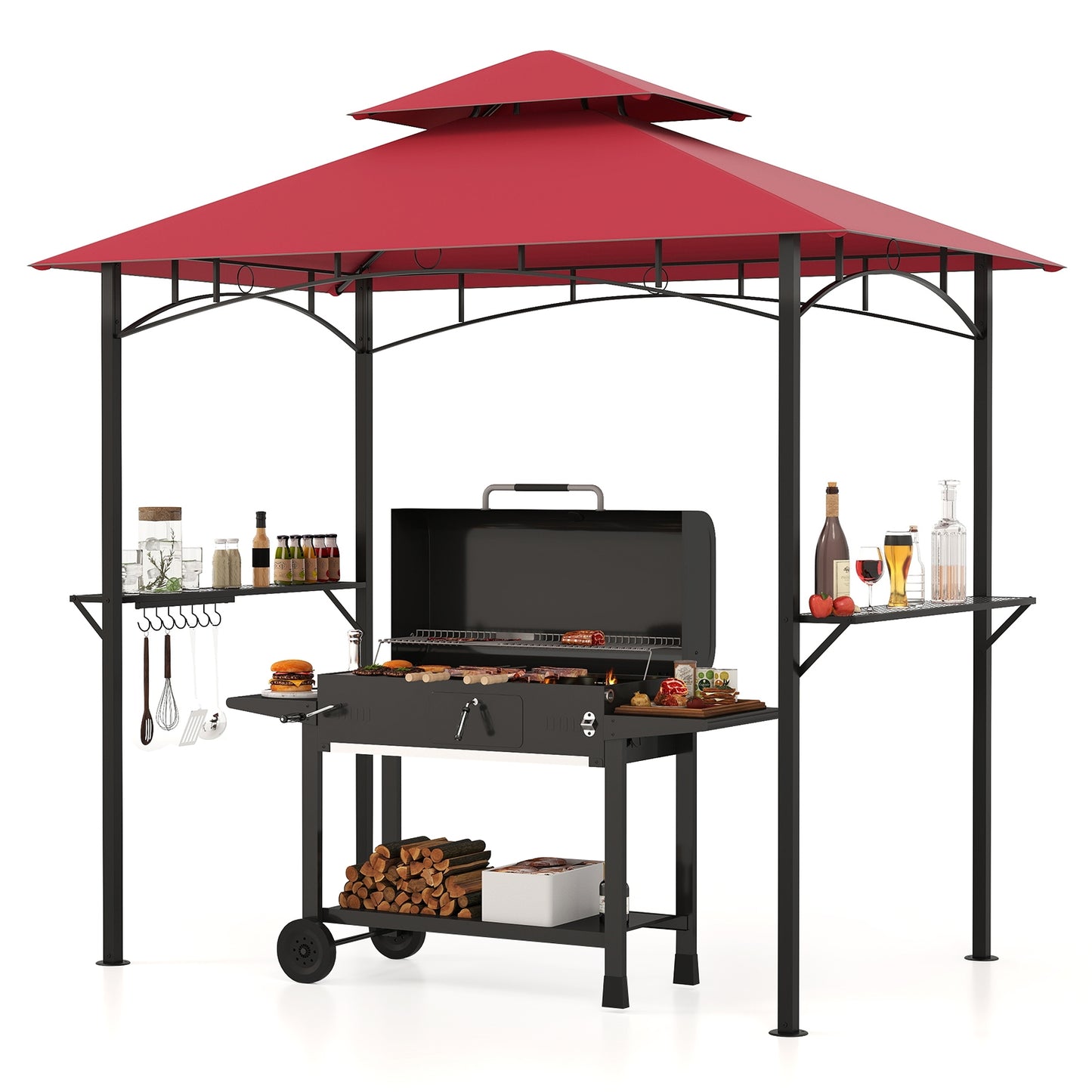 Outdoor Double-Tiered Grill Gazebo Canopy with 2 Shelves and 7 Hooks, Red Gazebos at Gallery Canada