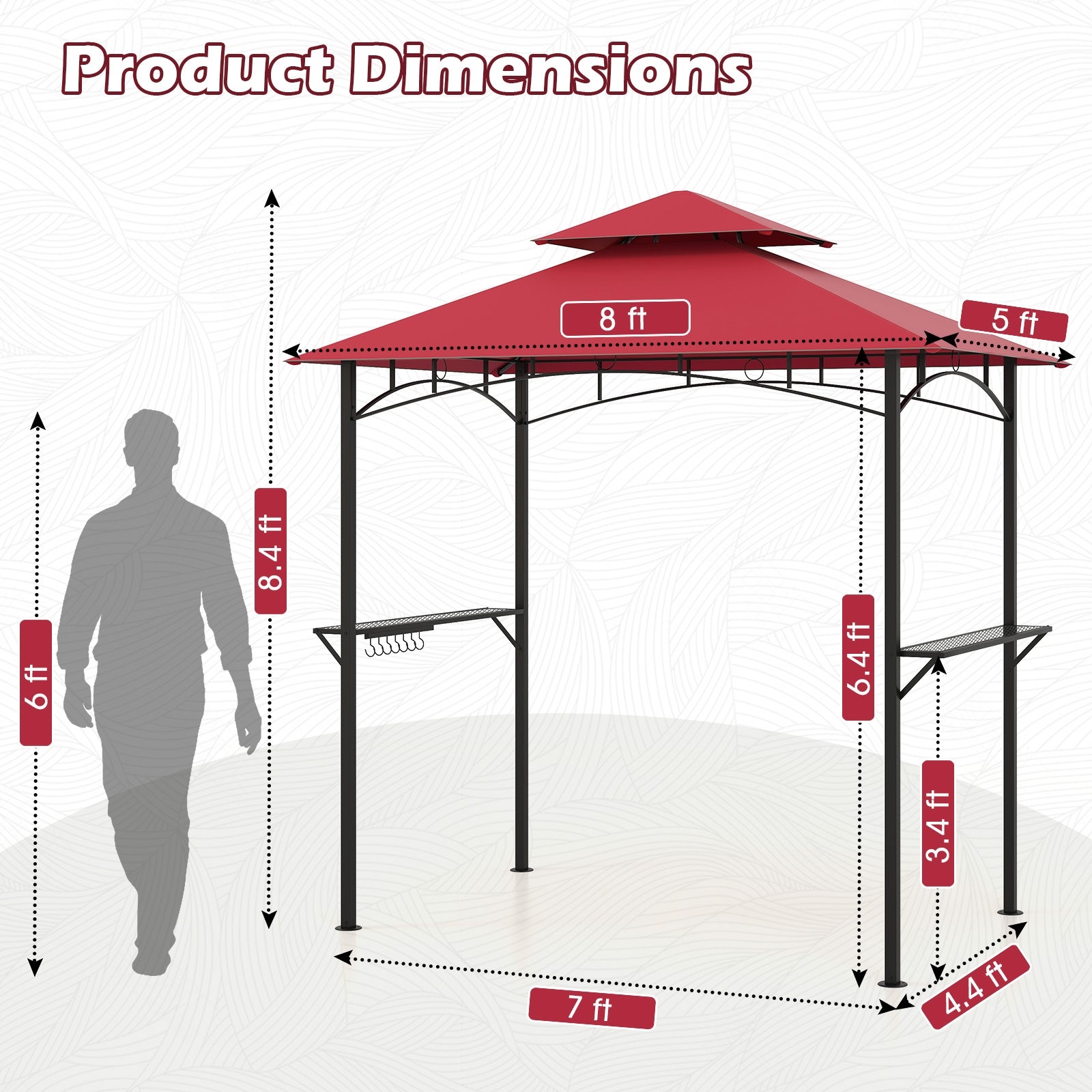 Outdoor Double-Tiered Grill Gazebo Canopy with 2 Shelves and 7 Hooks, Red Gazebos at Gallery Canada