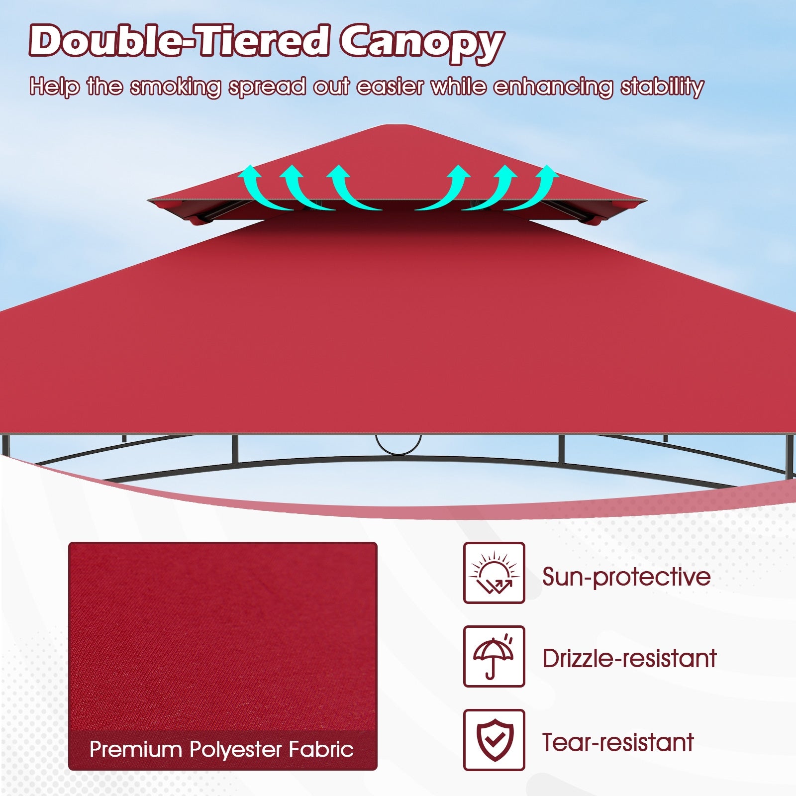 Outdoor Double-Tiered Grill Gazebo Canopy with 2 Shelves and 7 Hooks, Red Gazebos at Gallery Canada