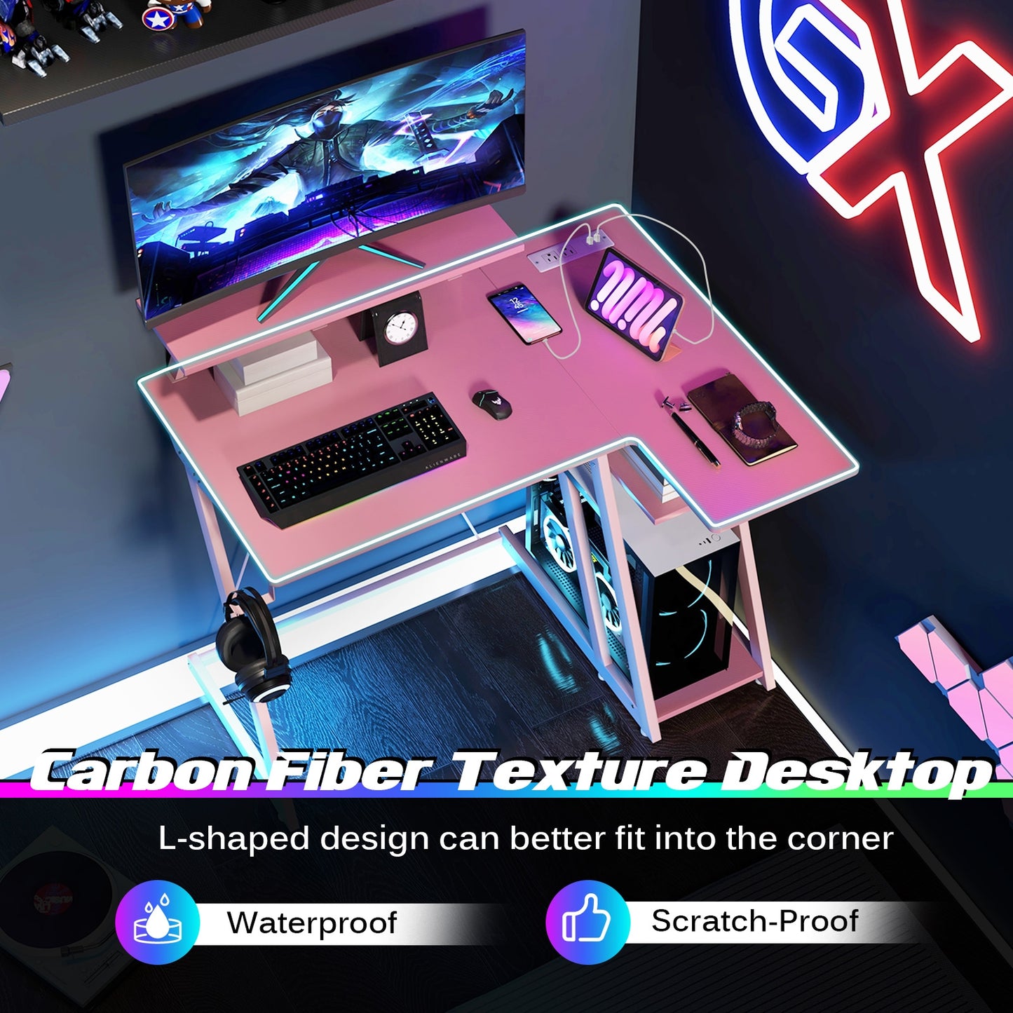 L Shaped Gaming Desk with Outlets and USB Ports, Pink Computer Desks   at Gallery Canada