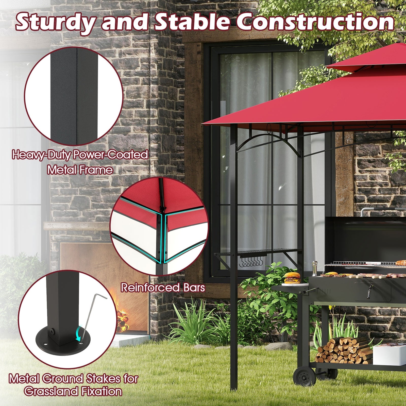 Outdoor Double-Tiered Grill Gazebo Canopy with 2 Shelves and 7 Hooks, Red Gazebos at Gallery Canada