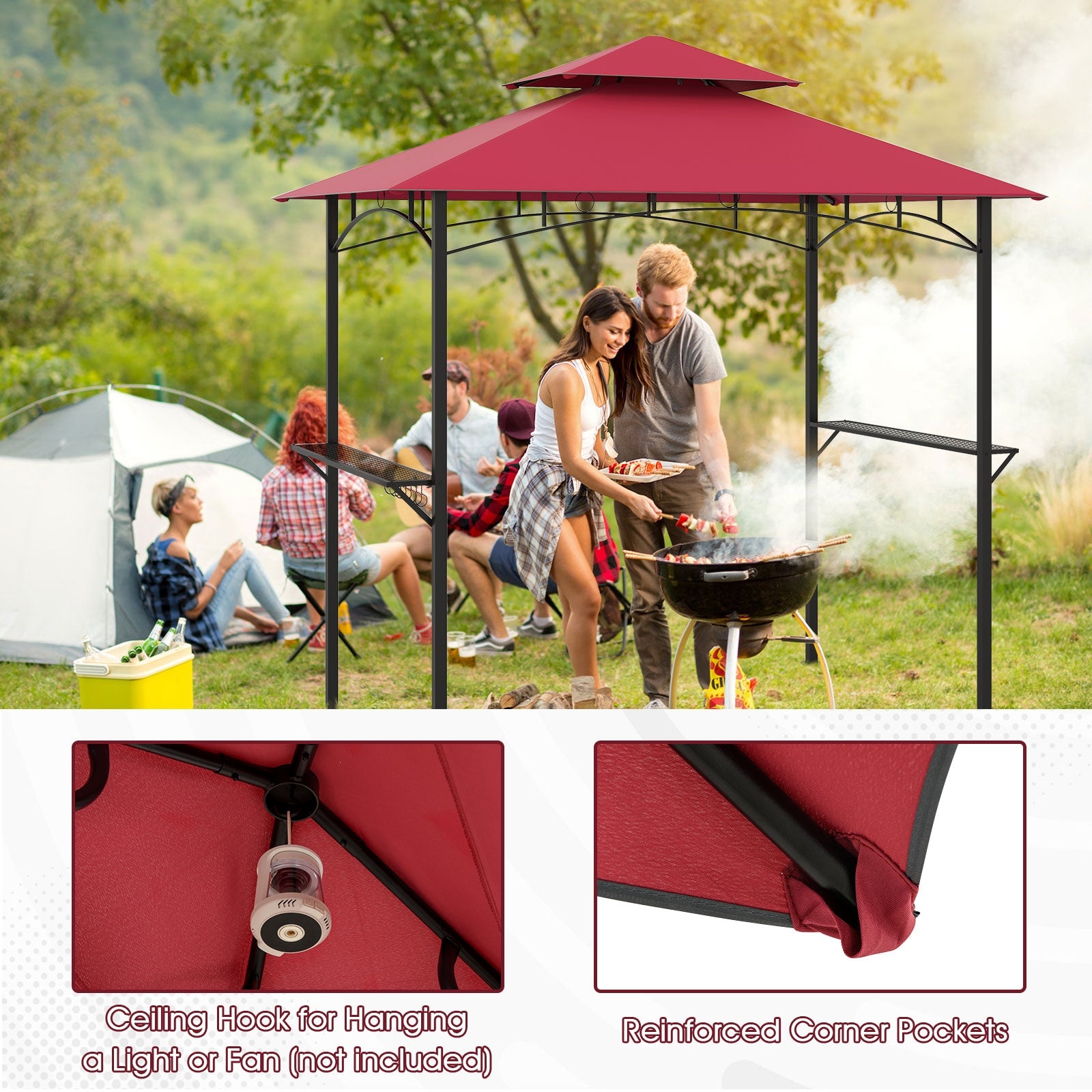 Outdoor Double-Tiered Grill Gazebo Canopy with 2 Shelves and 7 Hooks, Red Gazebos at Gallery Canada