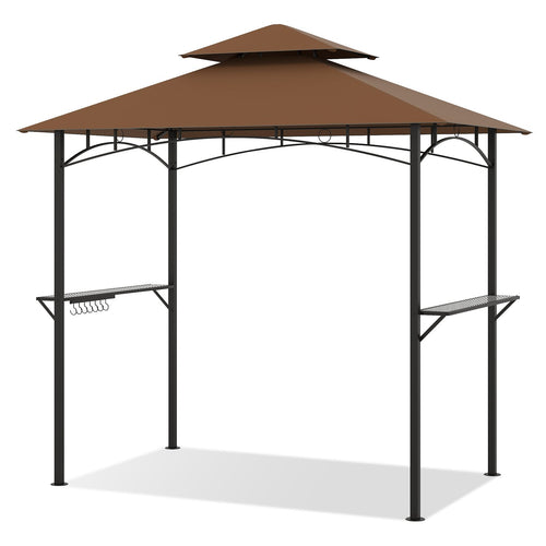 Outdoor Double-Tiered Grill Gazebo Canopy with 2 Shelves and 7 Hooks, Coffee