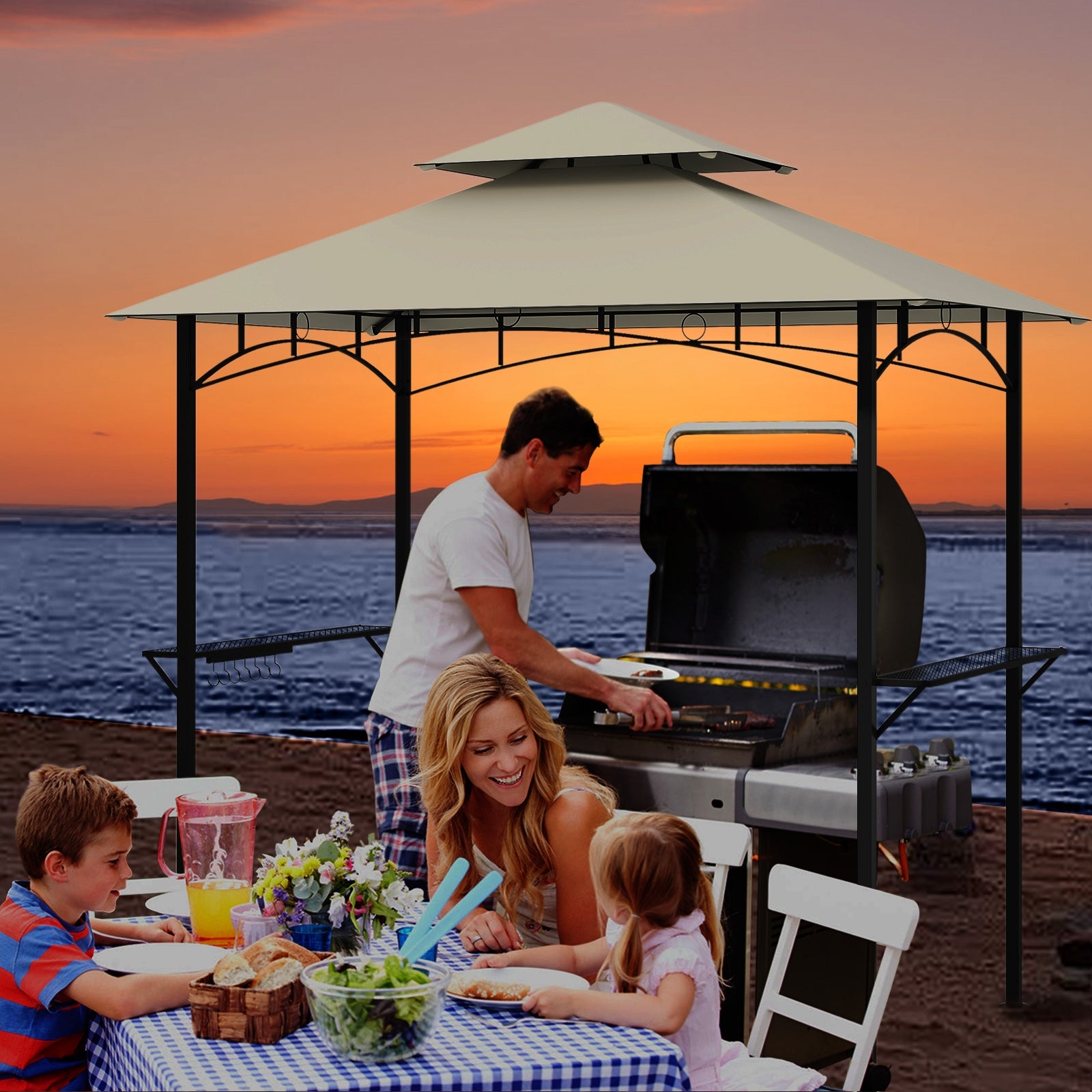 Outdoor Double-Tiered Grill Gazebo Canopy with 2 Shelves and 7 Hooks, Beige Gazebos at Gallery Canada