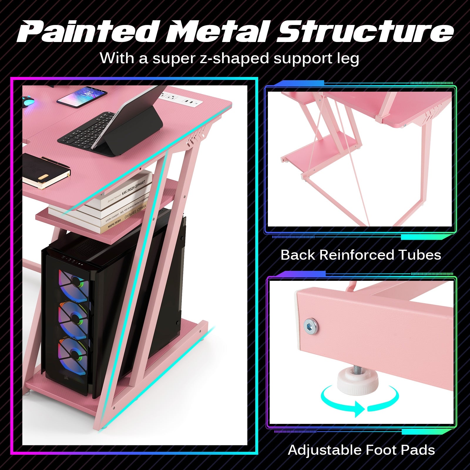 L Shaped Gaming Desk with Outlets and USB Ports, Pink Computer Desks   at Gallery Canada