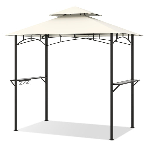 Outdoor Double-Tiered Grill Gazebo Canopy with 2 Shelves and 7 Hooks, Beige