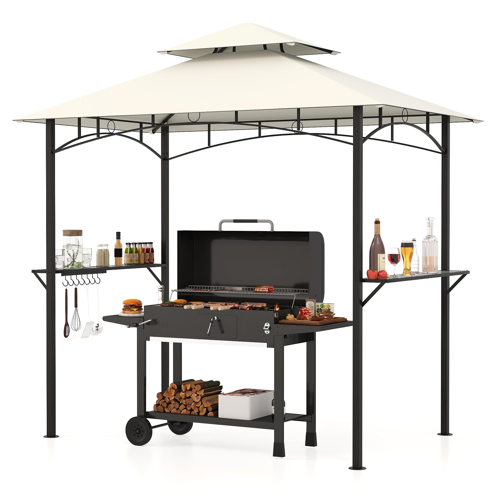 Outdoor Double-Tiered Grill Gazebo Canopy with 2 Shelves and 7 Hooks, Beige Gazebos at Gallery Canada