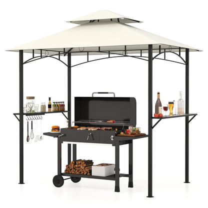 Outdoor Double-Tiered Grill Gazebo Canopy with 2 Shelves and 7 Hooks, Beige Gazebos at Gallery Canada