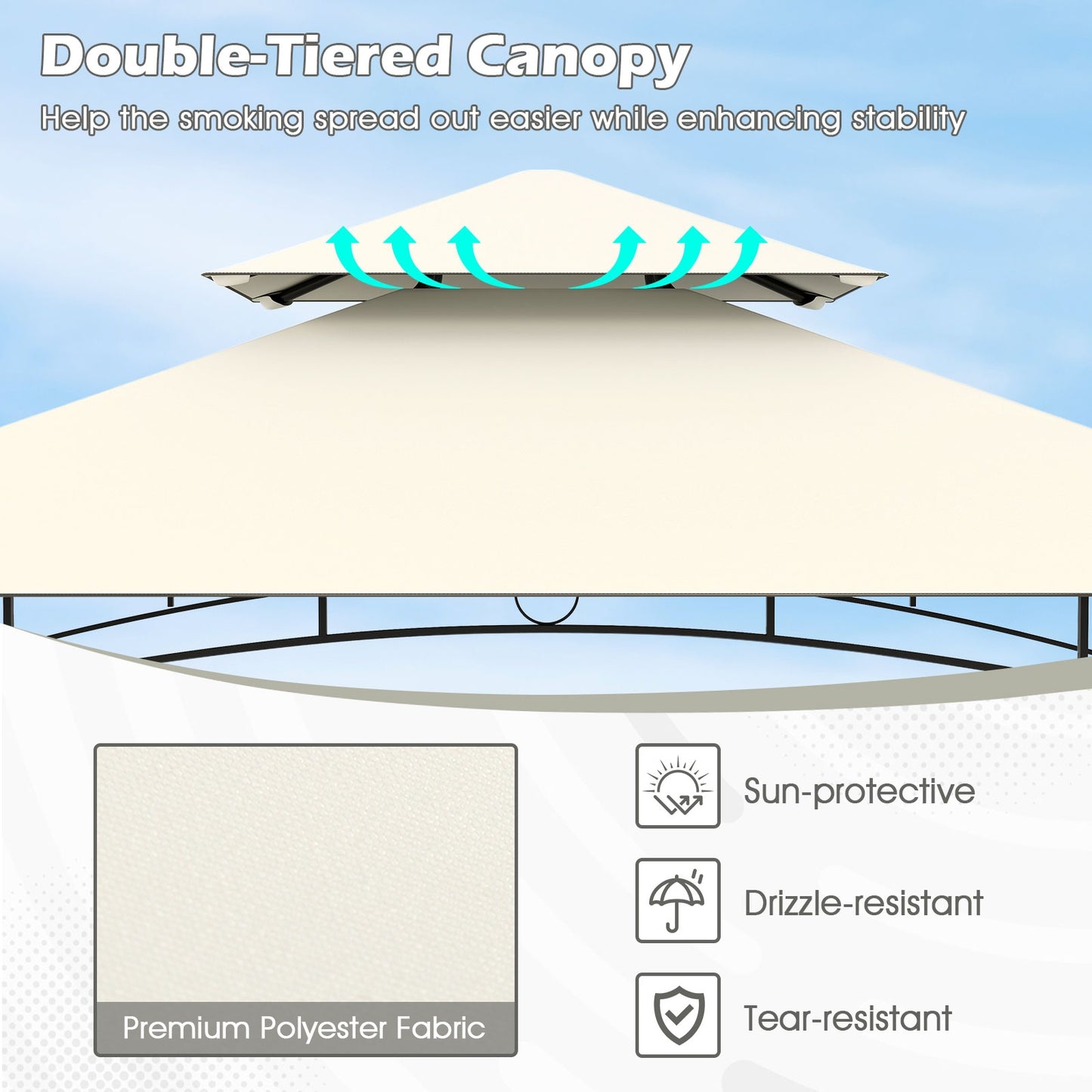 Outdoor Double-Tiered Grill Gazebo Canopy with 2 Shelves and 7 Hooks, Beige Gazebos at Gallery Canada