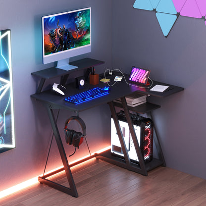 L Shaped Gaming Desk with Outlets and USB Ports, Black Computer Desks   at Gallery Canada