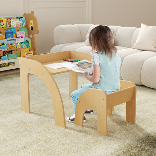 Kids Table and Chair Set with Wide Tabletop and Curved Edges for Kids Room, Natural