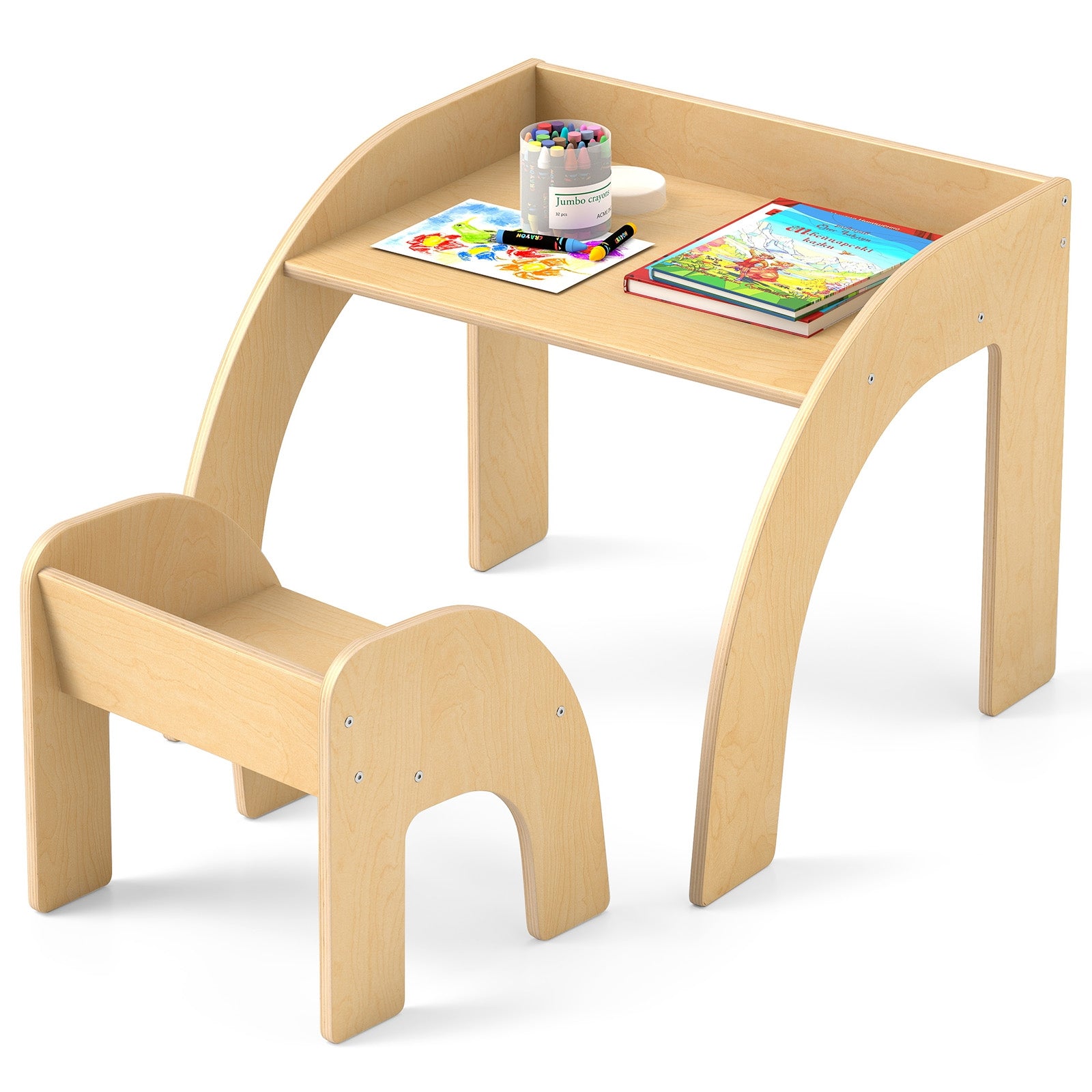 Kids Table and Chair Set with Wide Tabletop and Curved Edges for Kids Room, Natural Kids Table & Chair Sets at Gallery Canada