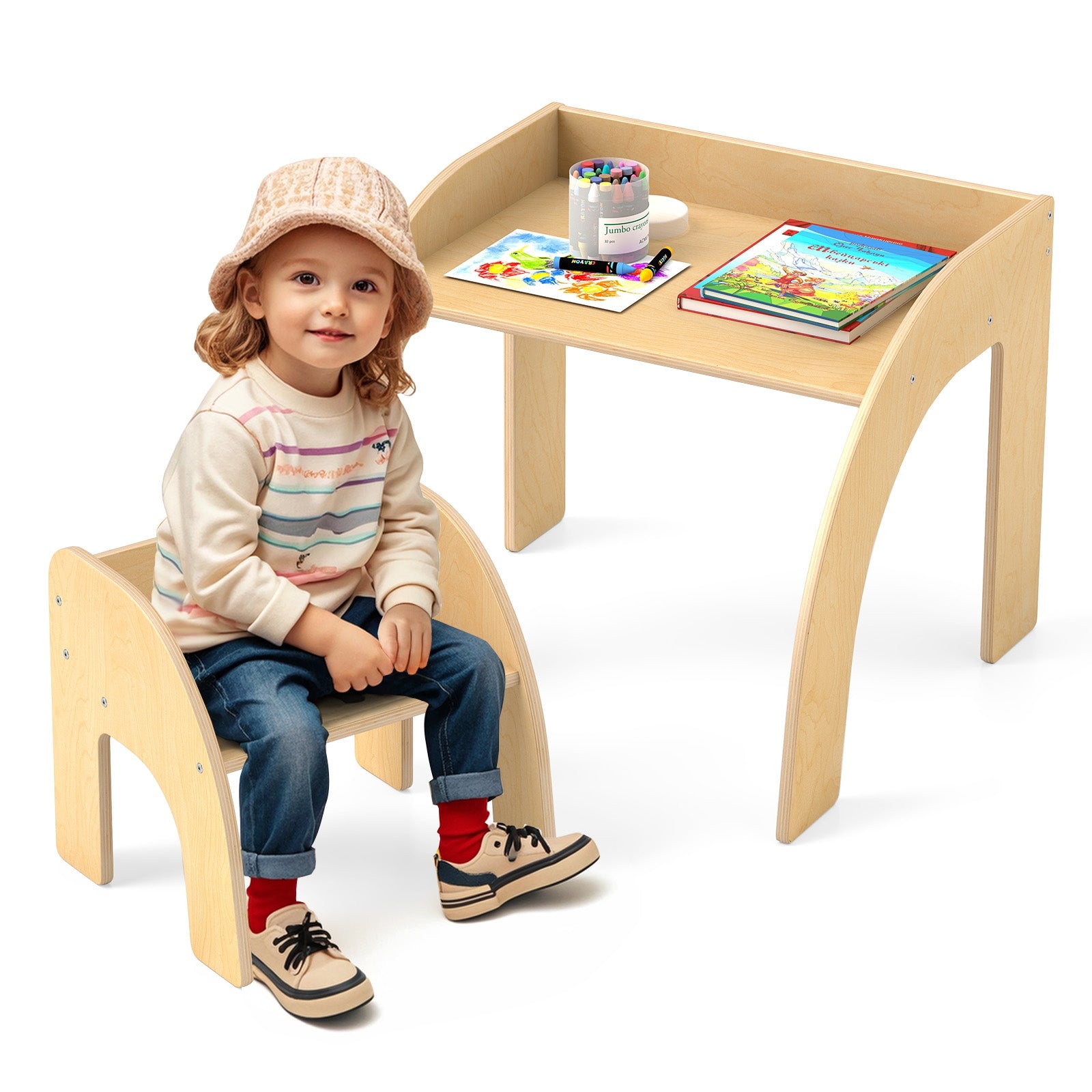Kids Table and Chair Set with Wide Tabletop and Curved Edges for Kids Room, Natural Kids Table & Chair Sets at Gallery Canada
