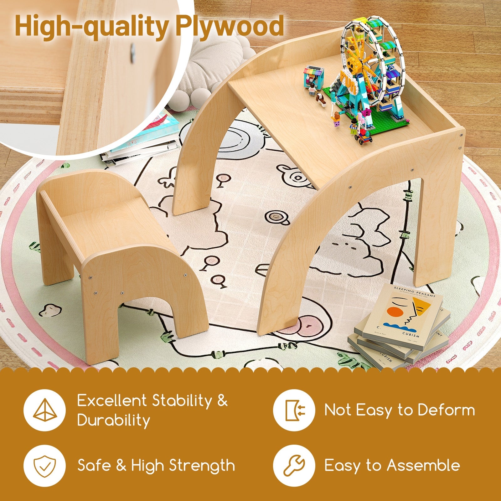 Kids Table and Chair Set with Wide Tabletop and Curved Edges for Kids Room, Natural Kids Table & Chair Sets at Gallery Canada