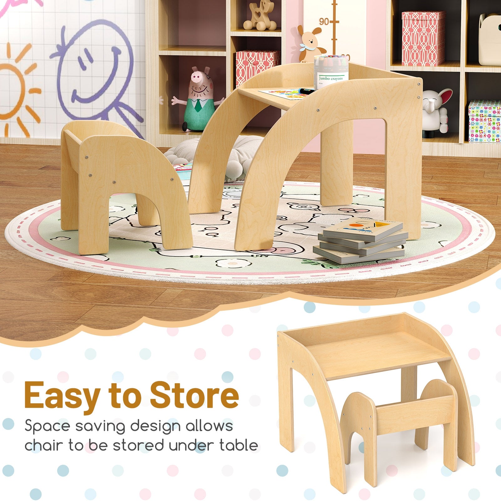 Kids Table and Chair Set with Wide Tabletop and Curved Edges for Kids Room, Natural Kids Table & Chair Sets at Gallery Canada