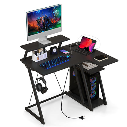 L Shaped Gaming Desk with Outlets and USB Ports, Black Computer Desks Black  at Gallery Canada