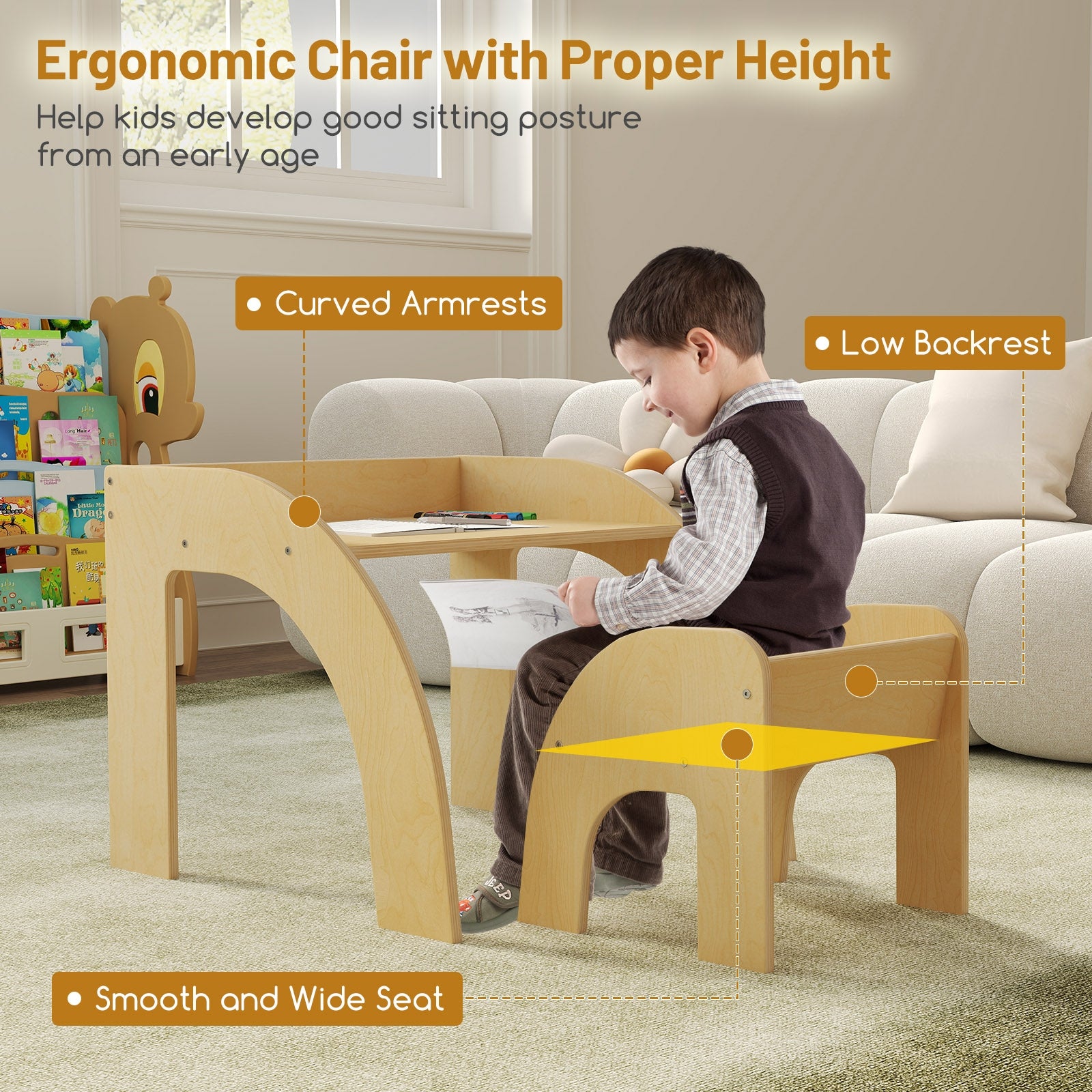 Kids Table and Chair Set with Wide Tabletop and Curved Edges for Kids Room, Natural Kids Table & Chair Sets at Gallery Canada