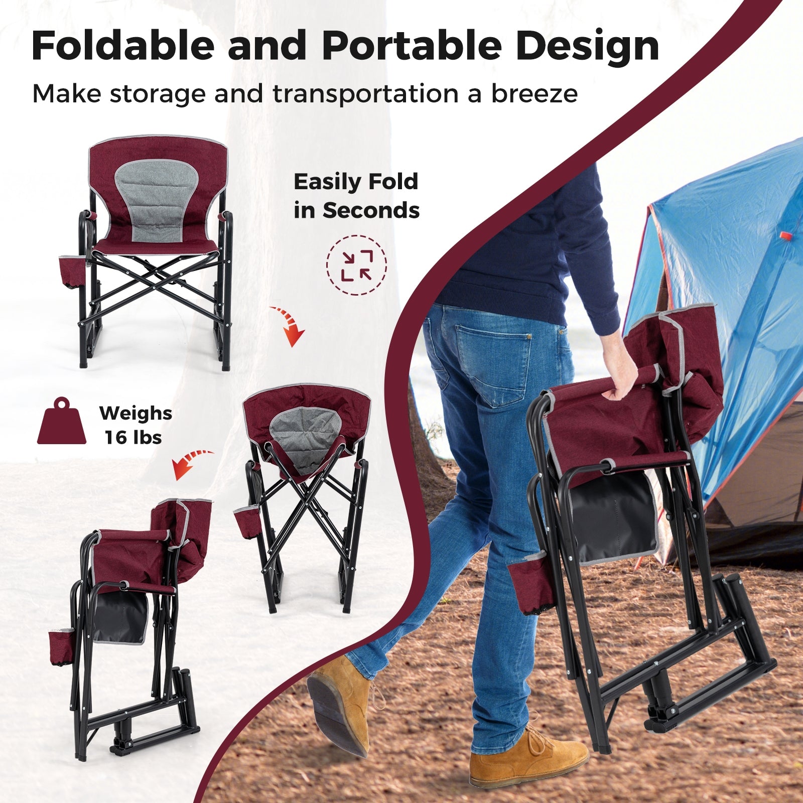 Outdoor Rocker Camping Chair with Dual Springs and Padded Back, Red Camping Furniture at Gallery Canada