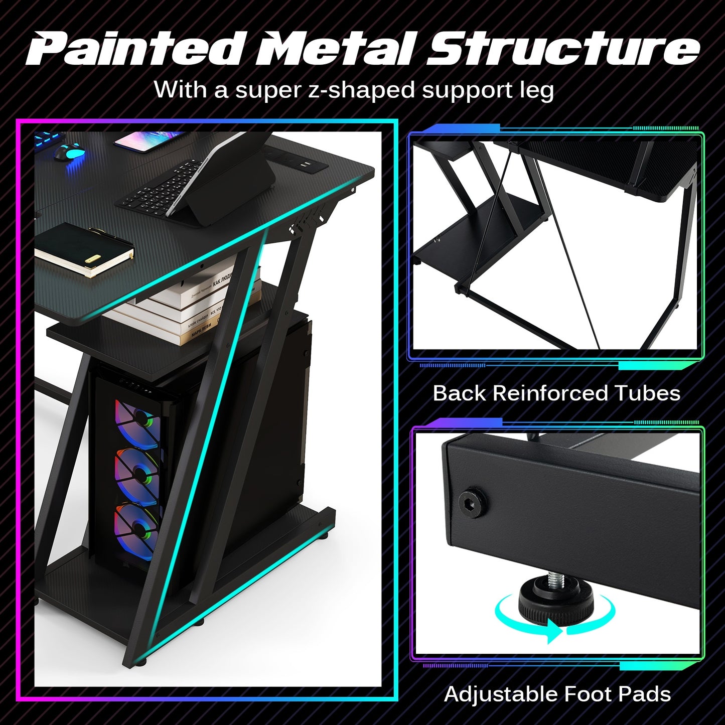 L Shaped Gaming Desk with Outlets and USB Ports, Black Computer Desks   at Gallery Canada