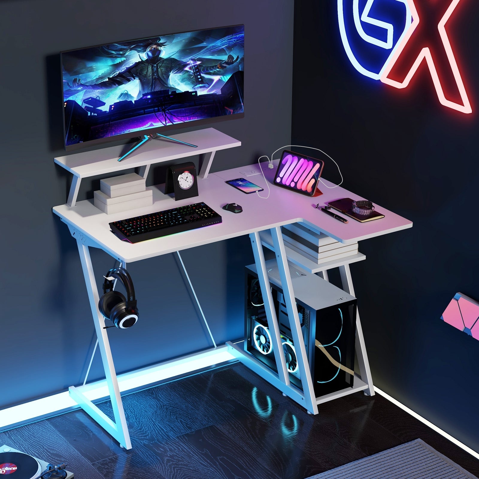 L Shaped Gaming Desk with Outlets and USB Ports, White Computer Desks   at Gallery Canada