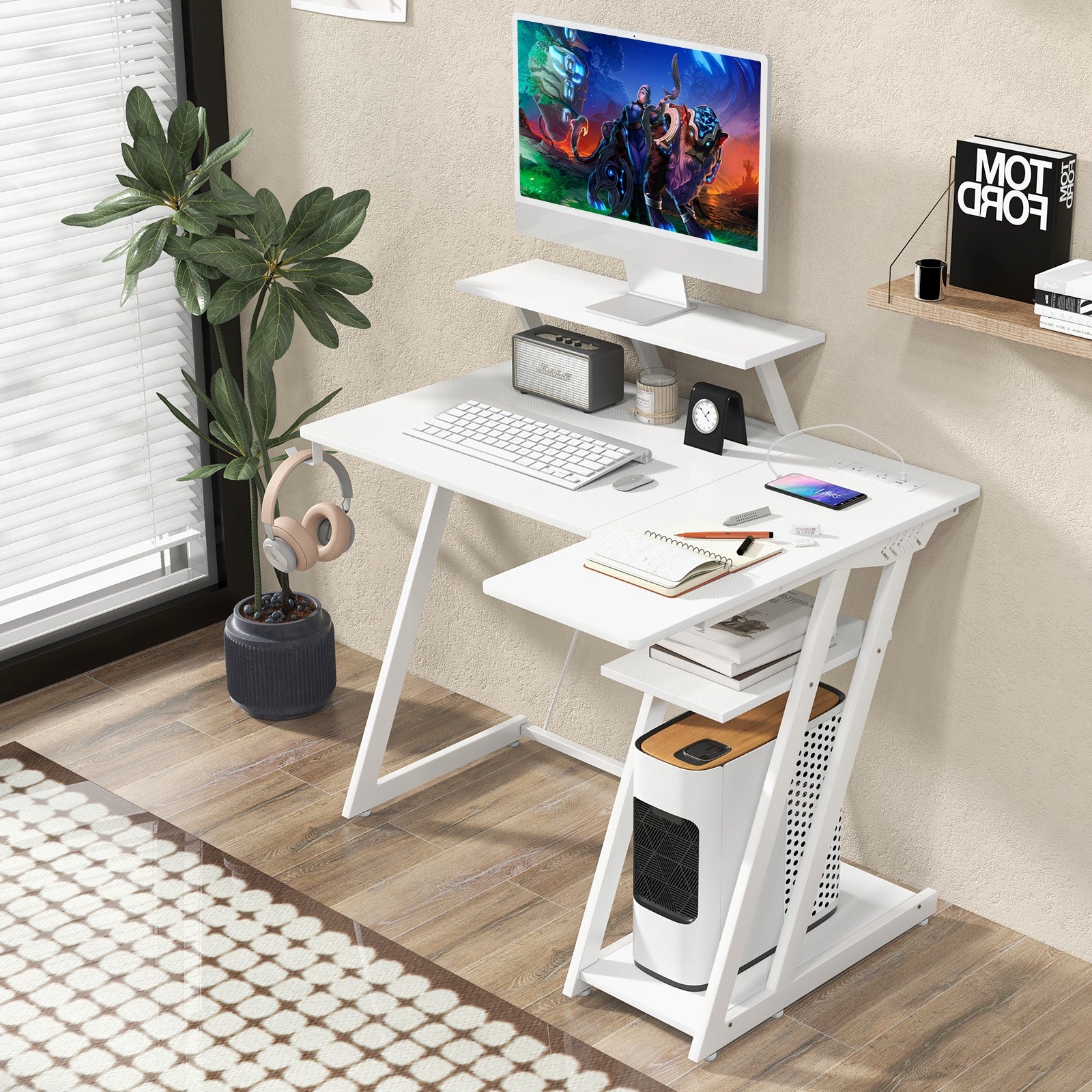 L Shaped Gaming Desk with Outlets and USB Ports, White Computer Desks   at Gallery Canada