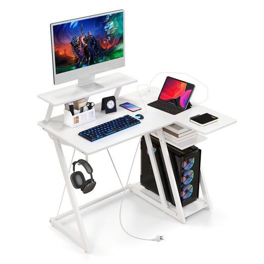 L Shaped Gaming Desk with Outlets and USB Ports, White Computer Desks White  at Gallery Canada