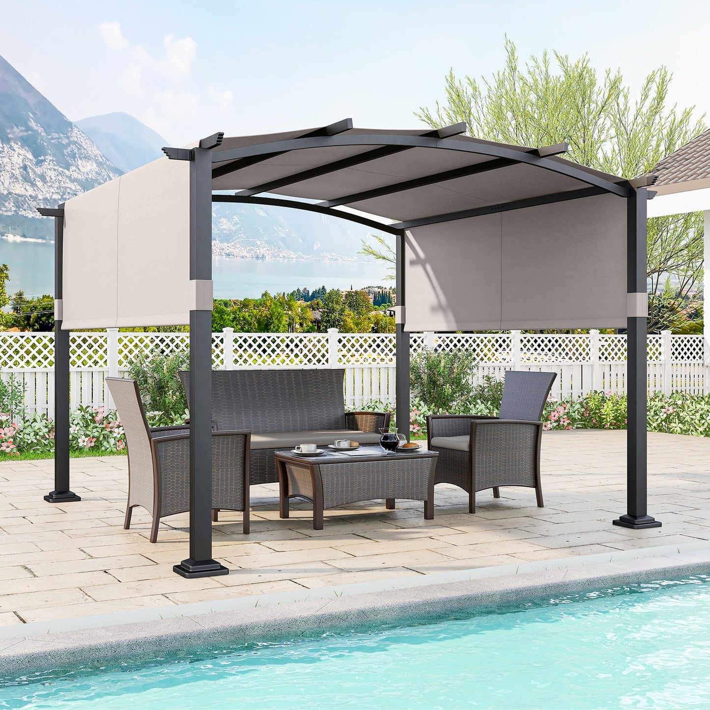 10 x 10 ft Outdoor Pergola Modern Arched Patio Garden Shelter with Retractable Sunshade Canopy, Gray Gazebos   at Gallery Canada