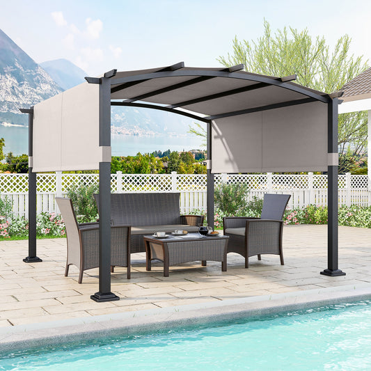 10 x 10 ft Outdoor Pergola Modern Arched Patio Garden Shelter with Retractable Sunshade Canopy, Gray Gazebos Gray  at Gallery Canada