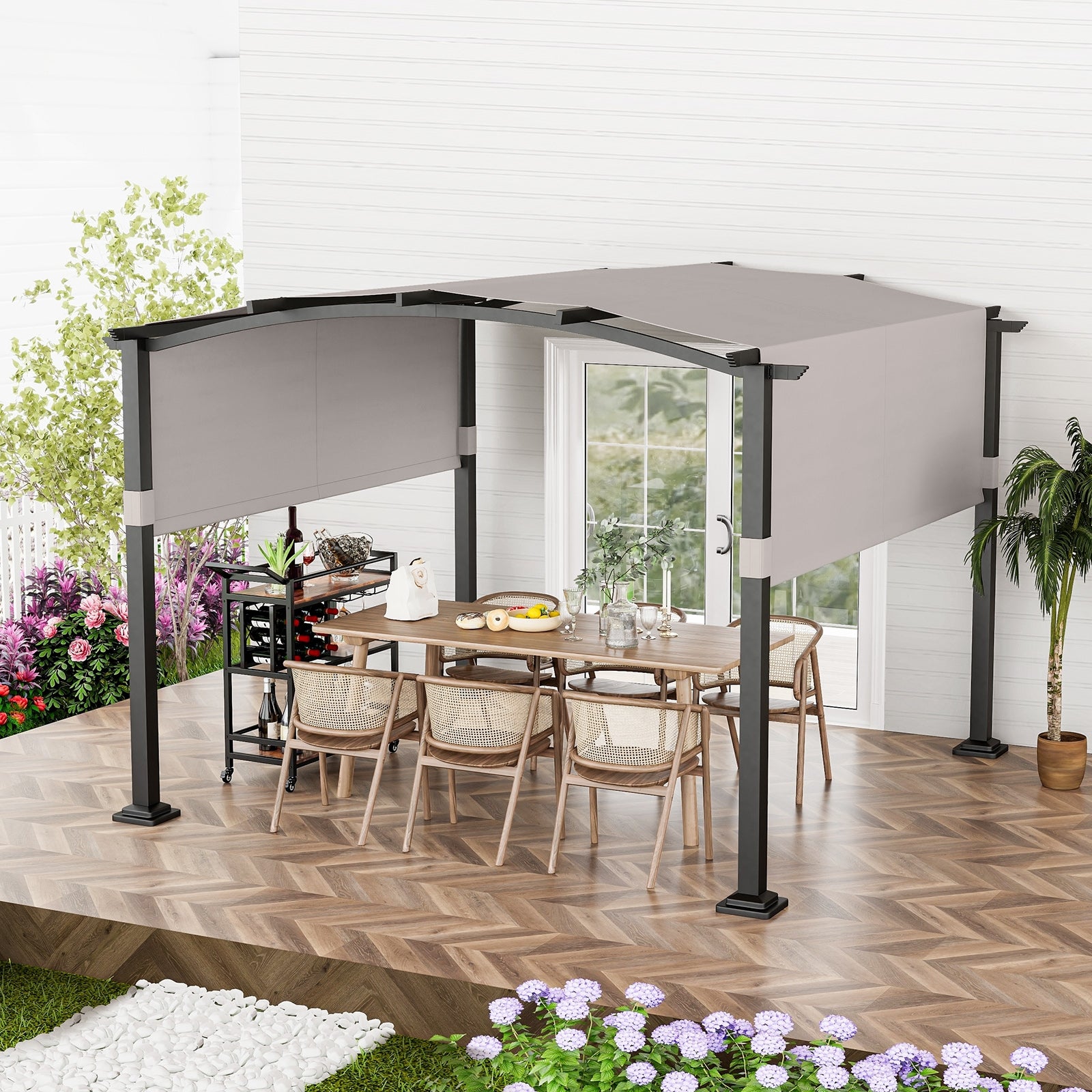 10 x 10 ft Outdoor Pergola Modern Arched Patio Garden Shelter with Retractable Sunshade Canopy, Gray Gazebos   at Gallery Canada