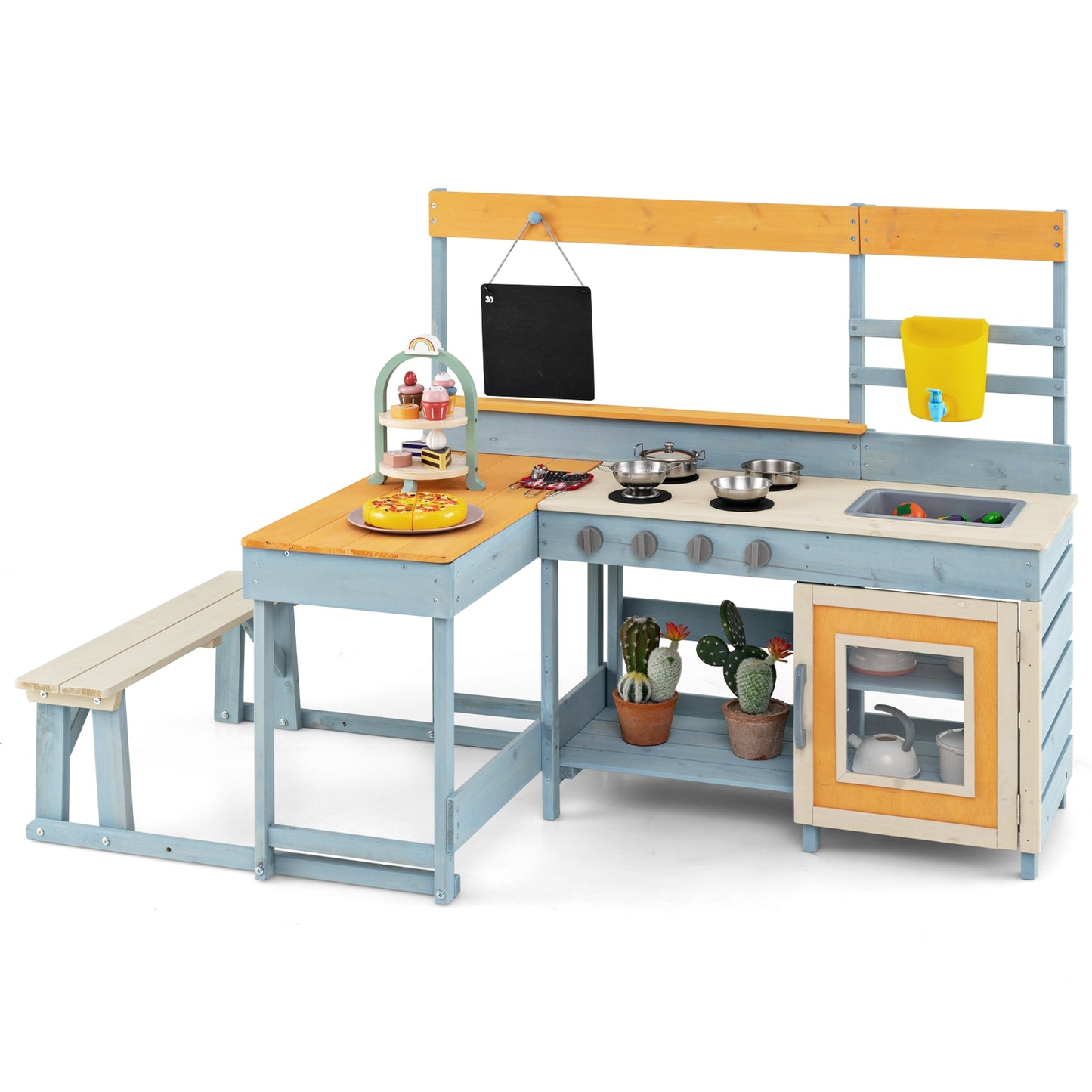 Fir Wood Play Kitchen with Kids Picnic Table and Built-in Bench-Grey, Gray Play Kitchen Sets Gray at Gallery Canada