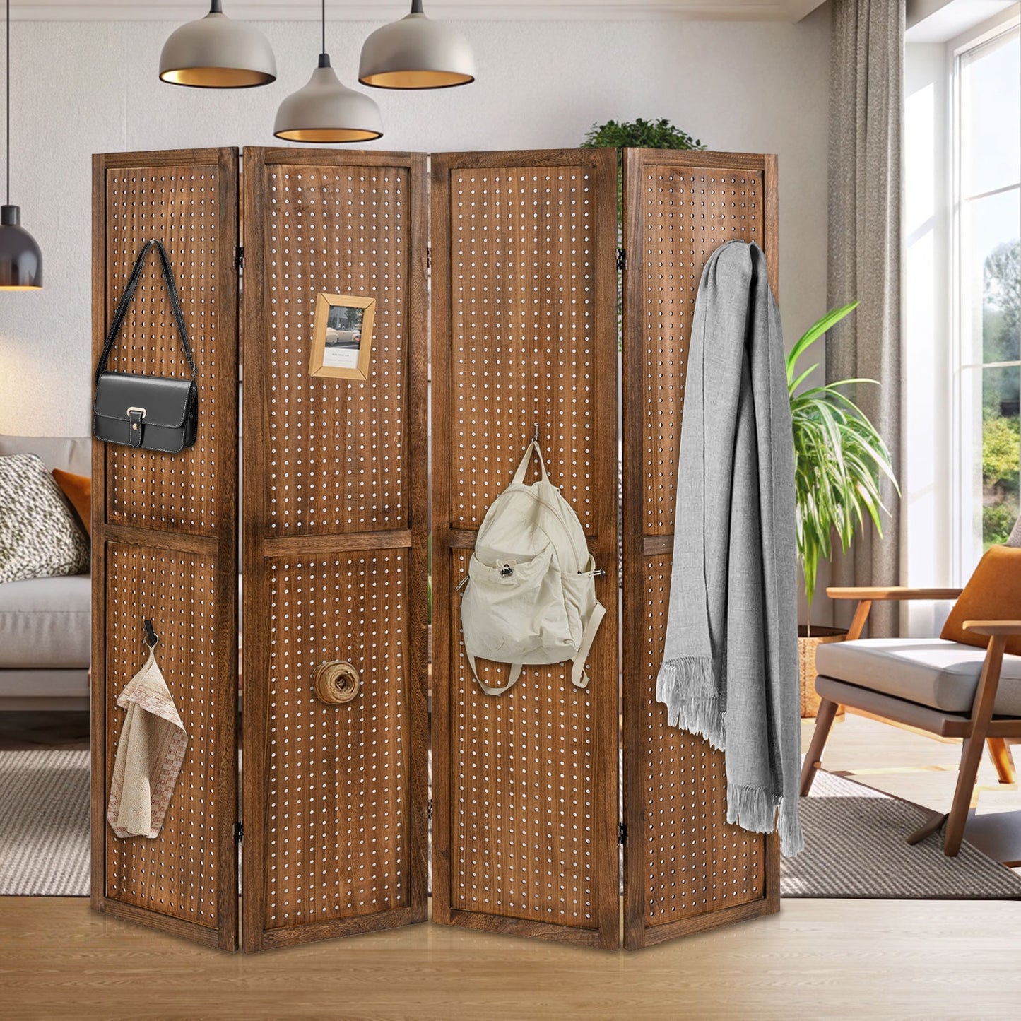 Pegboard Display with 360° Metal Hinges and Solid Wood Frame-4 Panel, Brown Room Dividers at Gallery Canada