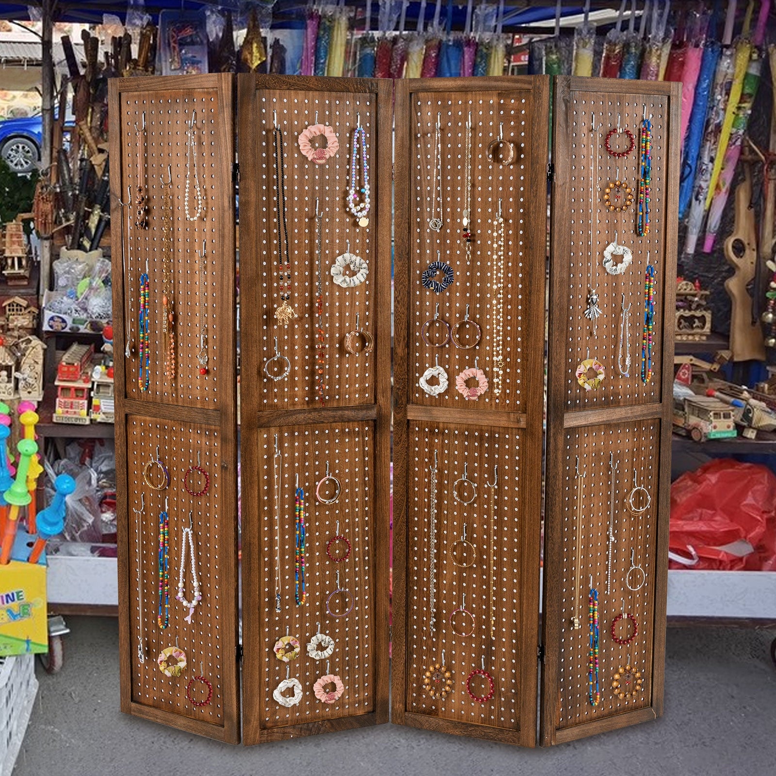 Pegboard Display with 360° Metal Hinges and Solid Wood Frame-4 Panel, Brown Room Dividers at Gallery Canada