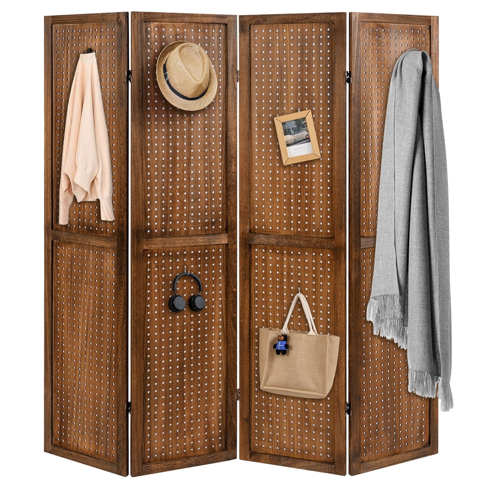 Pegboard Display with 360° Metal Hinges and Solid Wood Frame-4 Panel, Brown Room Dividers Brown at Gallery Canada