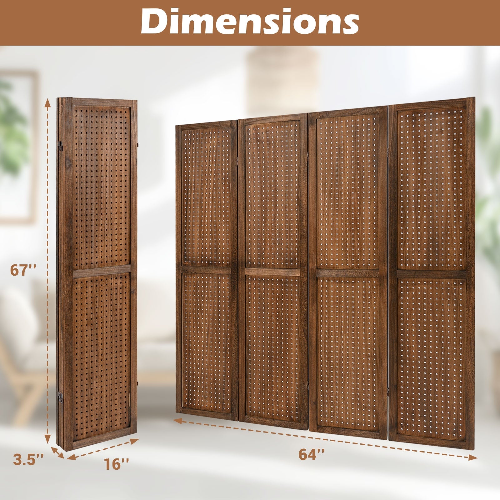 Pegboard Display with 360° Metal Hinges and Solid Wood Frame-4 Panel, Brown Room Dividers at Gallery Canada